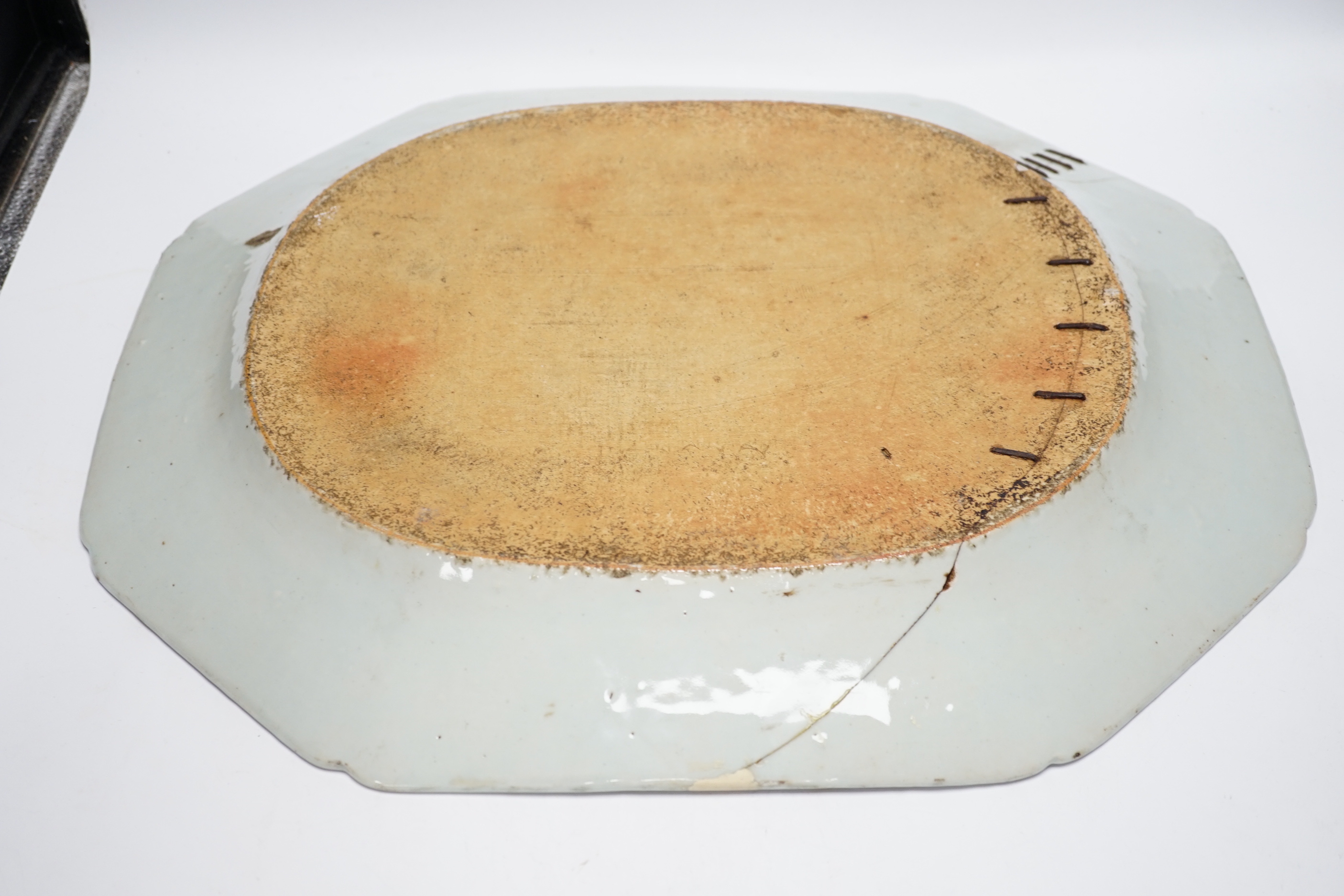 An early 19th century Chinese export blue and white dish, 51cm (a.f.)